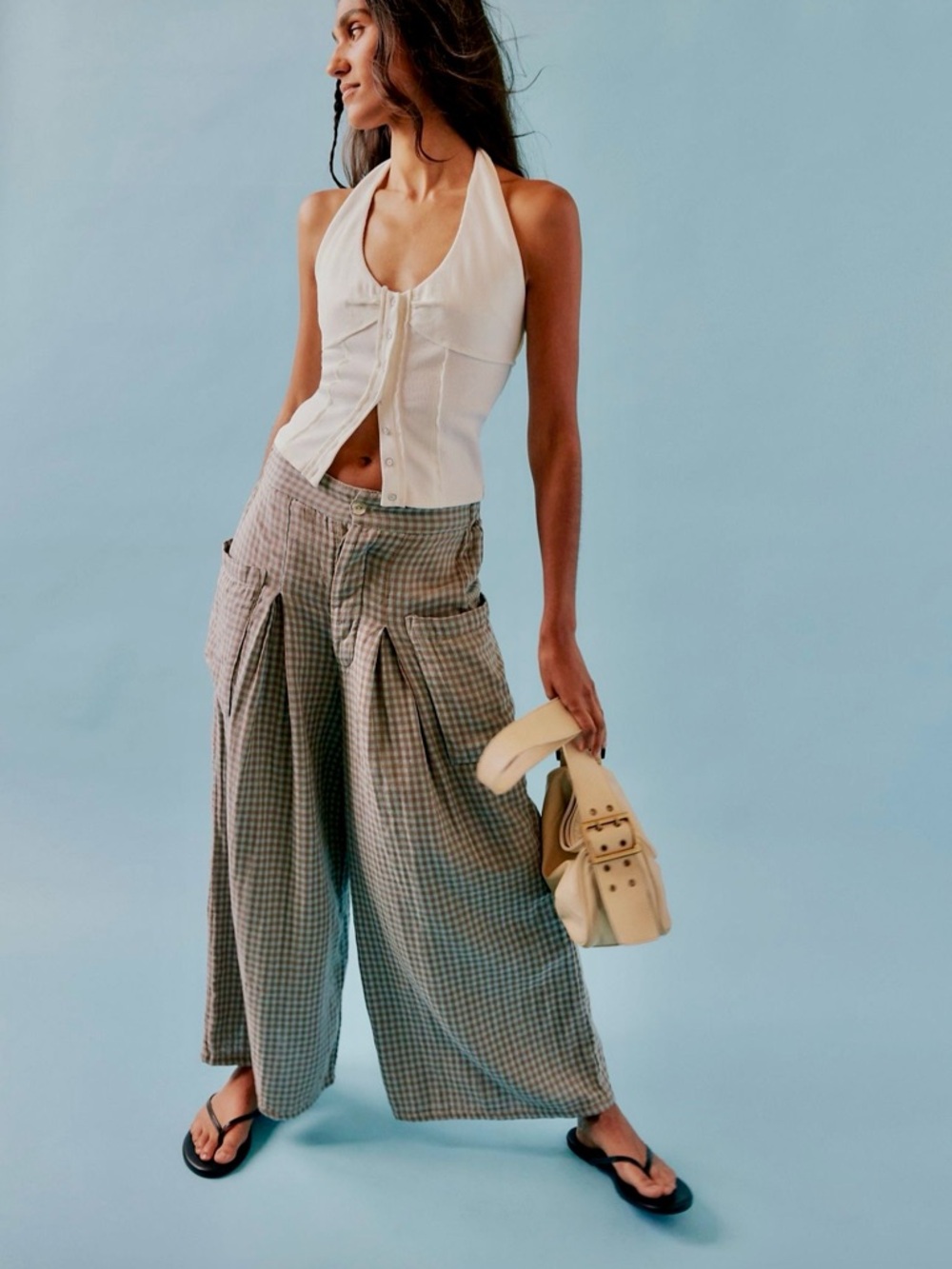 Free People Wide-Leg Gingham Cargo Pants